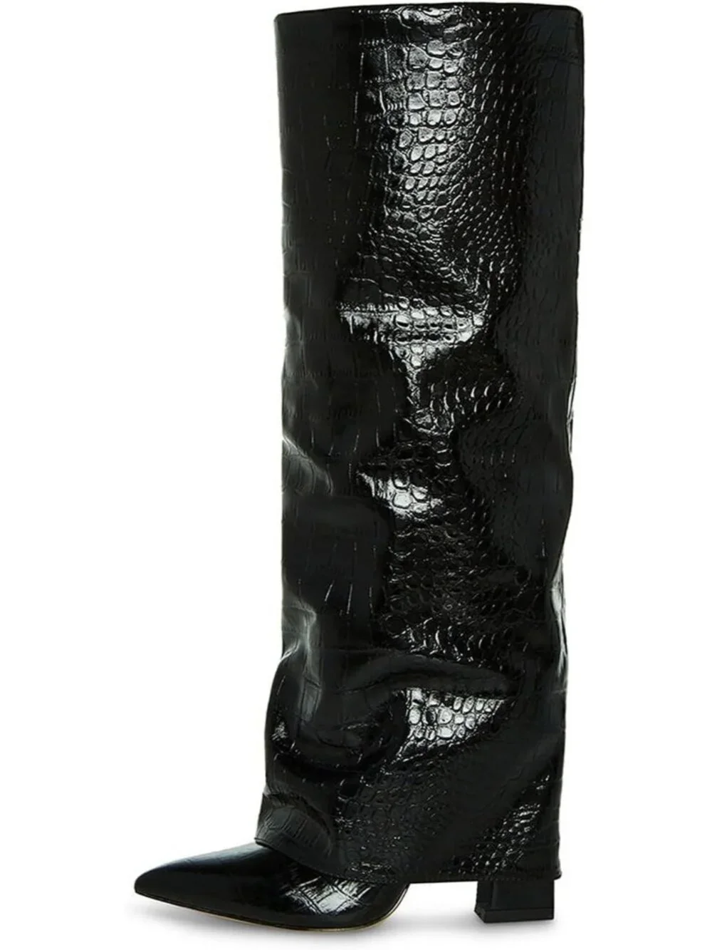 Women's Crocodile Black Pointed Toe Chunky Heel Faux Leather Over The Knee Boots
